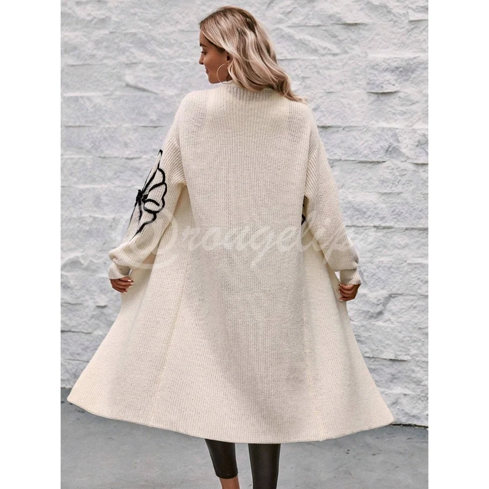 Off White Long Duster Cardigan Knit Black Flower Appliqué - Picture 4 of 10